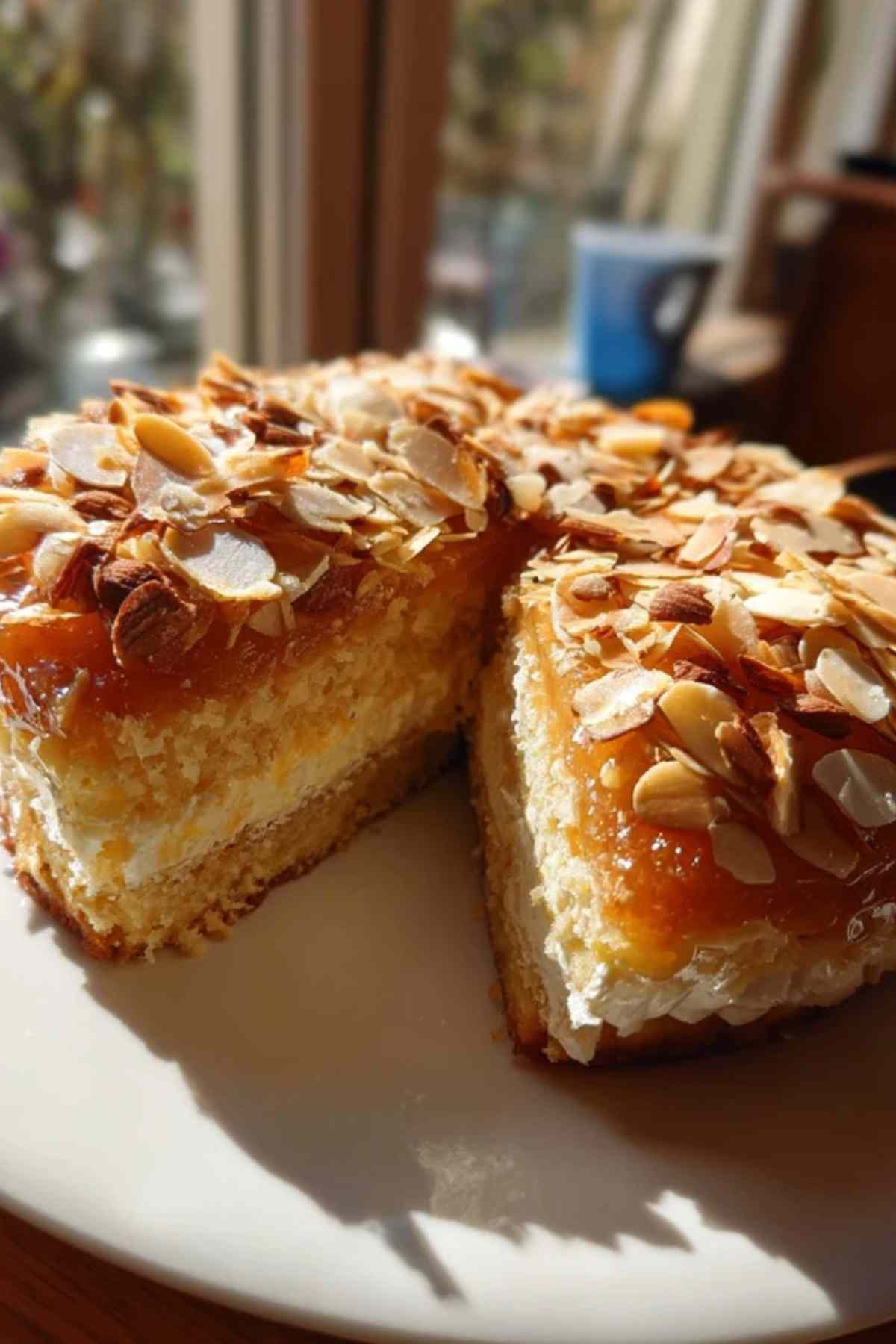 Ein Stück Bienenstich auf einem Teller, auf dem die Schichten aus weichem Kuchen und die dicke, cremige Vanillefüllung gut zu sehen sind.