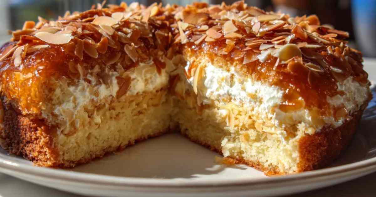 Gehobelte Mandeln werden mit Honig und Butter in einer dunklen Pfanne geröstet.