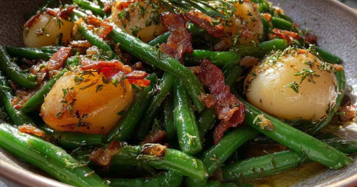 Zutaten für das Rezept Birnen, Bohnen und Speck, darunter frische Birnen, grüne Bohnen und Speckwürfel.