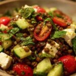 Einfacher Linsensalat in einer weißen Schüssel, mit frischen Kräutern garniert.