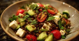 Einfacher Linsensalat in einer weißen Schüssel, mit frischen Kräutern garniert.