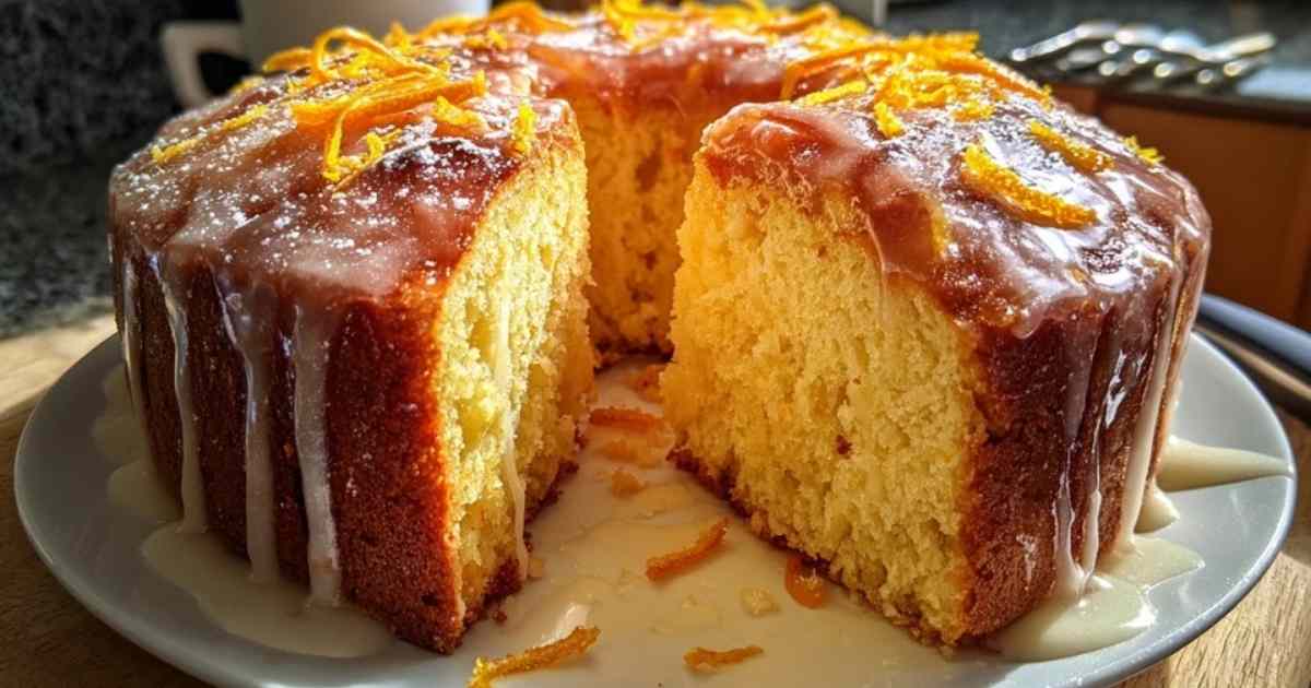 Ein ganzer rechteckiger Fantakuchen, bedeckt mit weißem Zuckerguss und angeschnitten auf einem Holzbrett.
