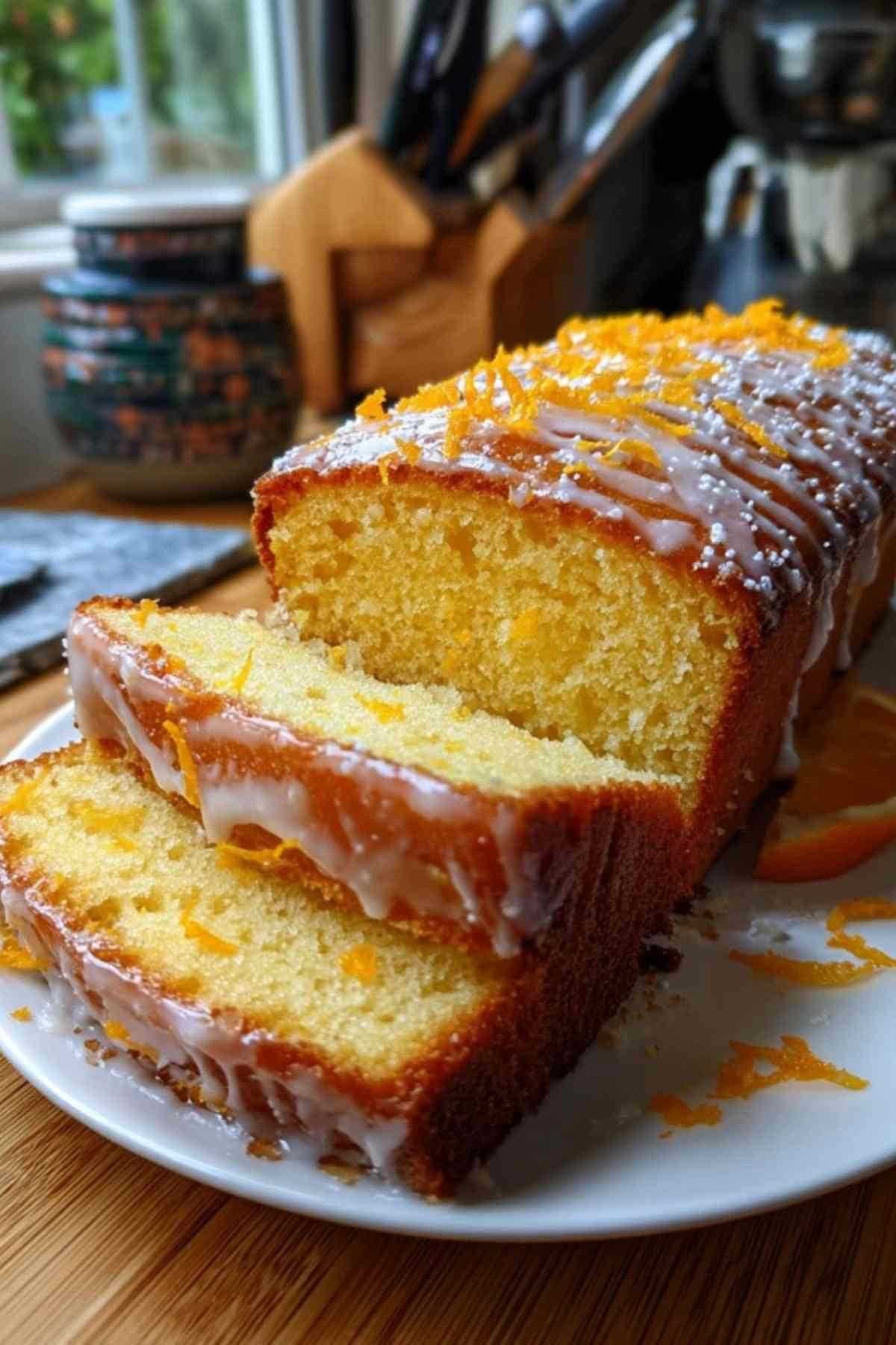Nahaufnahme von einem Stück Fanta Kuchen auf einem weißen Teller, das die luftige Struktur des Kuchens deutlich zeigt.