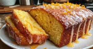 Der hellorange, glatte Teig für den Fantakuchen wird aus einer Schüssel in ein mit Backpapier ausgelegtes Backblech gegossen.