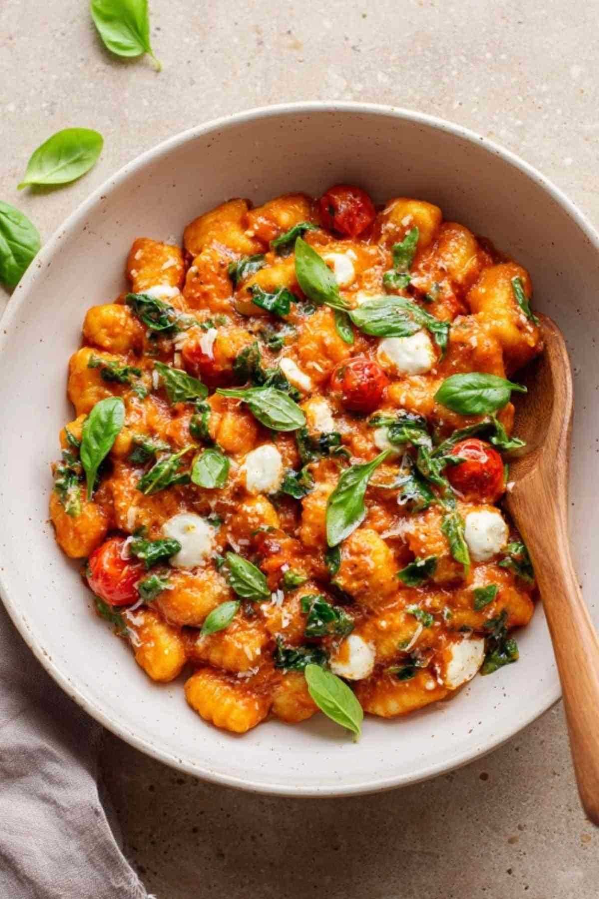 Gnocchi pan met spinazie en tomaten geserveerd met parmezaanse kaas