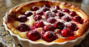 Goldbrauner Kirschclafoutis in Auflaufform mit sichtbaren Kirschen