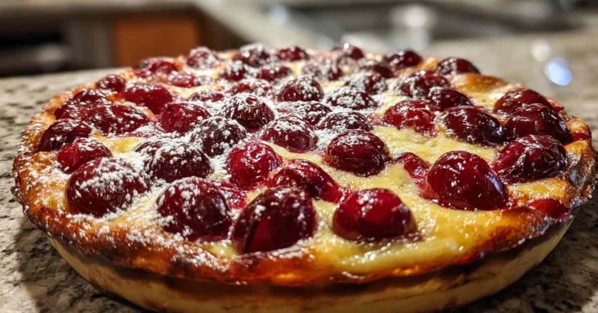 Angeschnittener Kirschclafoutis zeigt cremige Textur mit Kirschen