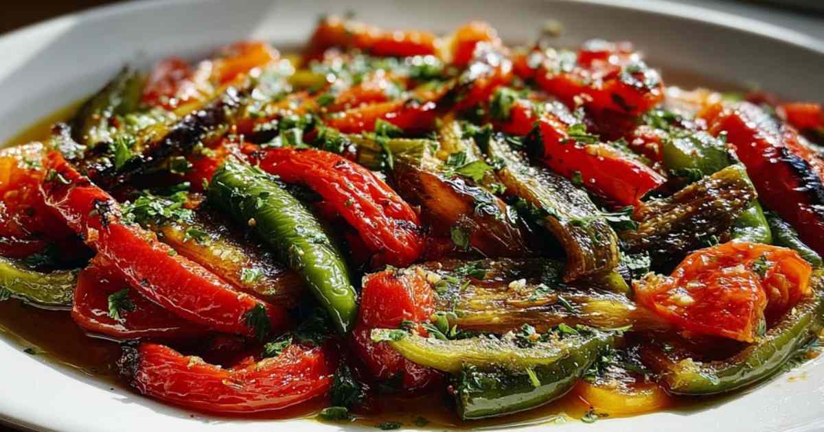 Een kleurrijke kom met Salade Mechouia, gegarneerd met verse peterselie en geserveerd met een stuk brood ernaast.