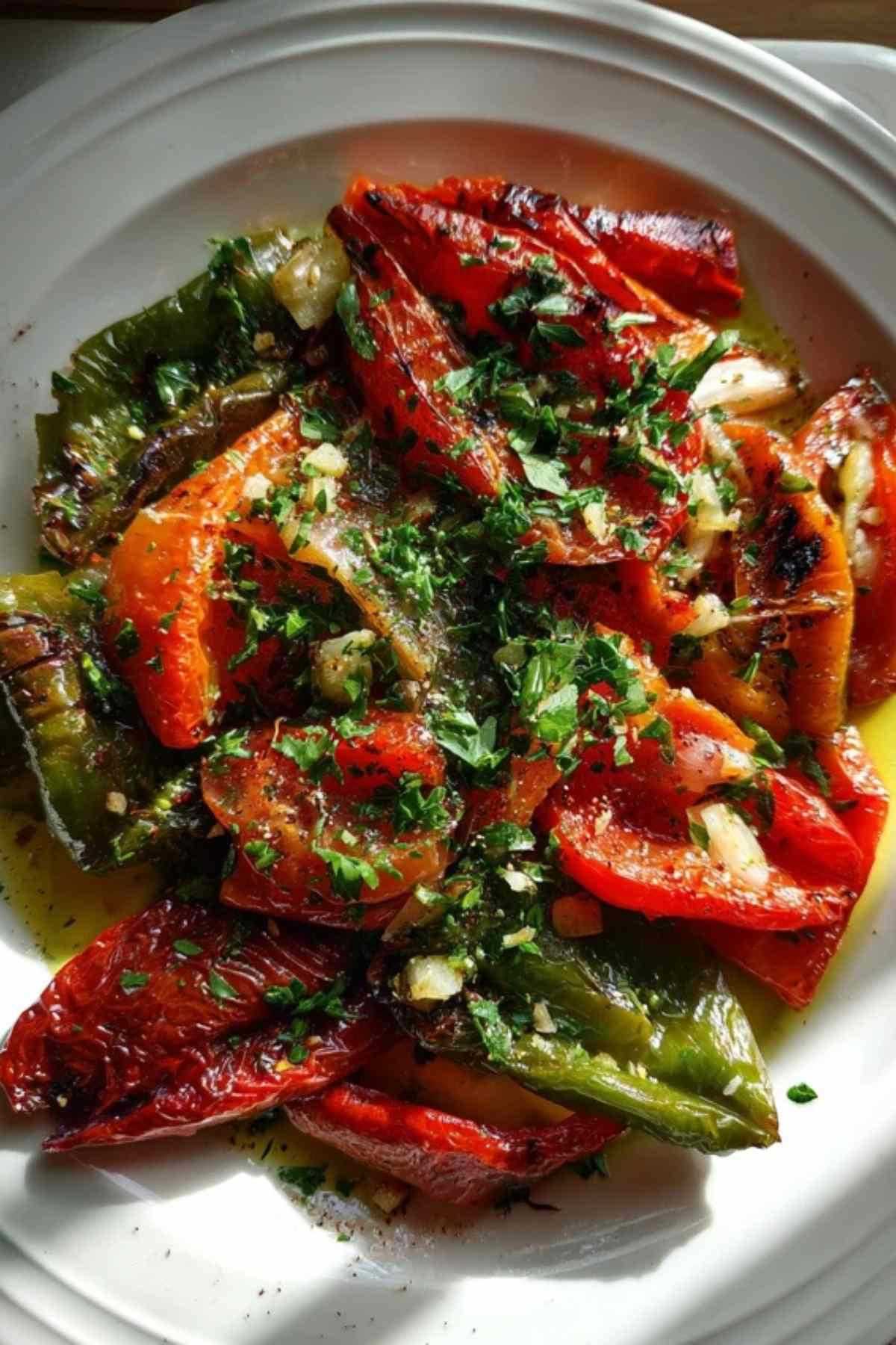 Rode en groene paprika's die onder een hete ovengrill liggen te blakeren.