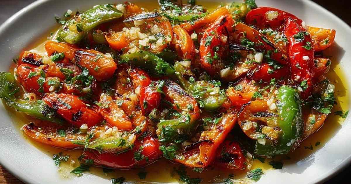 De verse ingrediënten voor de Mechouia salade: rode en groene paprika's, tomaten, een ui, knoflook en een flesje olijfolie.