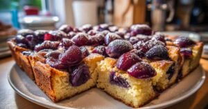 Ein quadratisches Stück Zwetschgenkuchen auf einem weißen Teller, mit einem Klecks Schlagsahne daneben.