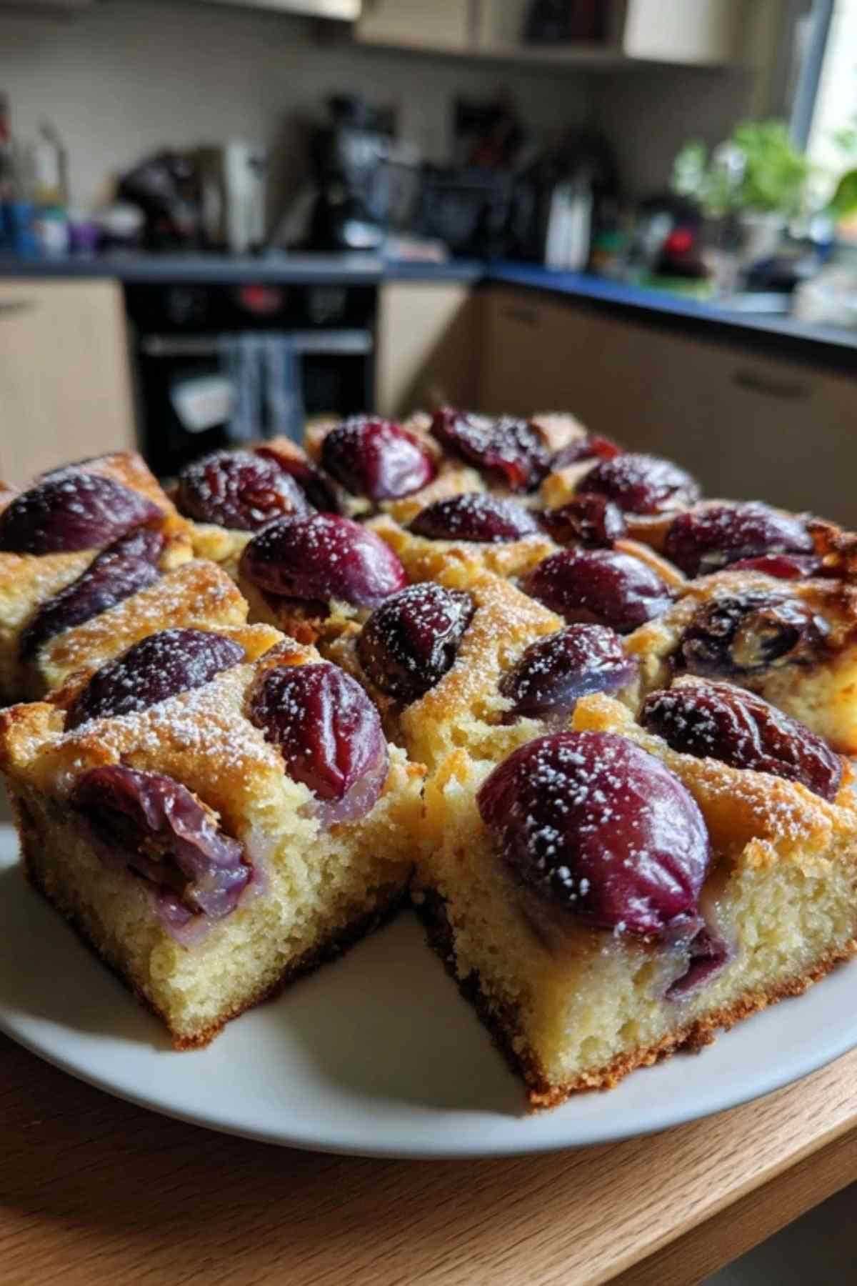 Ein quadratisches Stück Zwetschgenkuchen auf einem weißen Teller, mit einem Klecks Schlagsahne daneben.