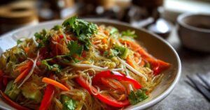 Aziatische glasnoedelsalade met pindadressing in een witte kom, gegarneerd met verse koriander.