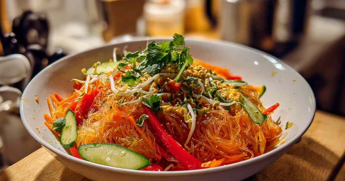 Ingrediënten voor de glasnoedelsalade, zoals noedels, paprika en wortel, worden in een kom gemengd.