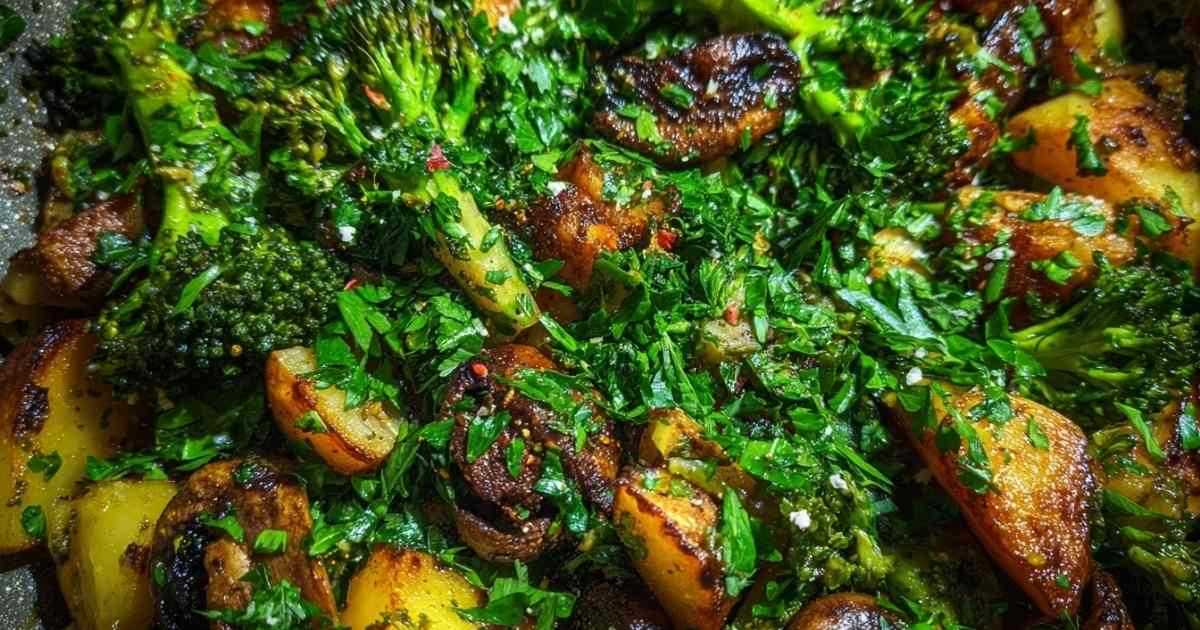 Dampfende Brokkoli-Kartoffel-Pfanne mit Pilzen in gusseiserner Pfanne