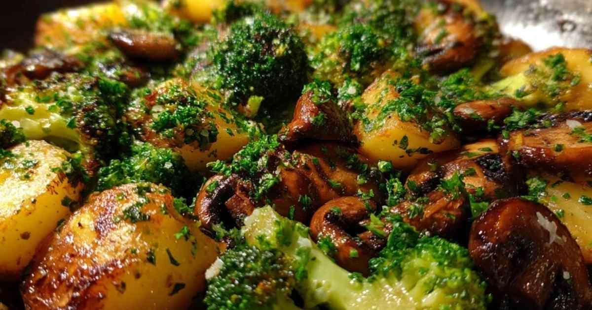 Brokkoli-Kartoffel-Pfanne wird in der Pfanne angebraten