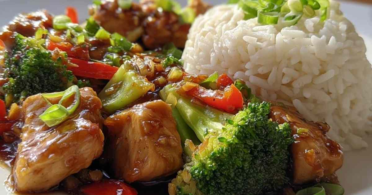 Chicken Teriyaki mit Brokkoli und Reis auf weißem Teller