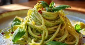 Cremige Avocado Pasta mit Basilikum garniert auf weißem Teller
