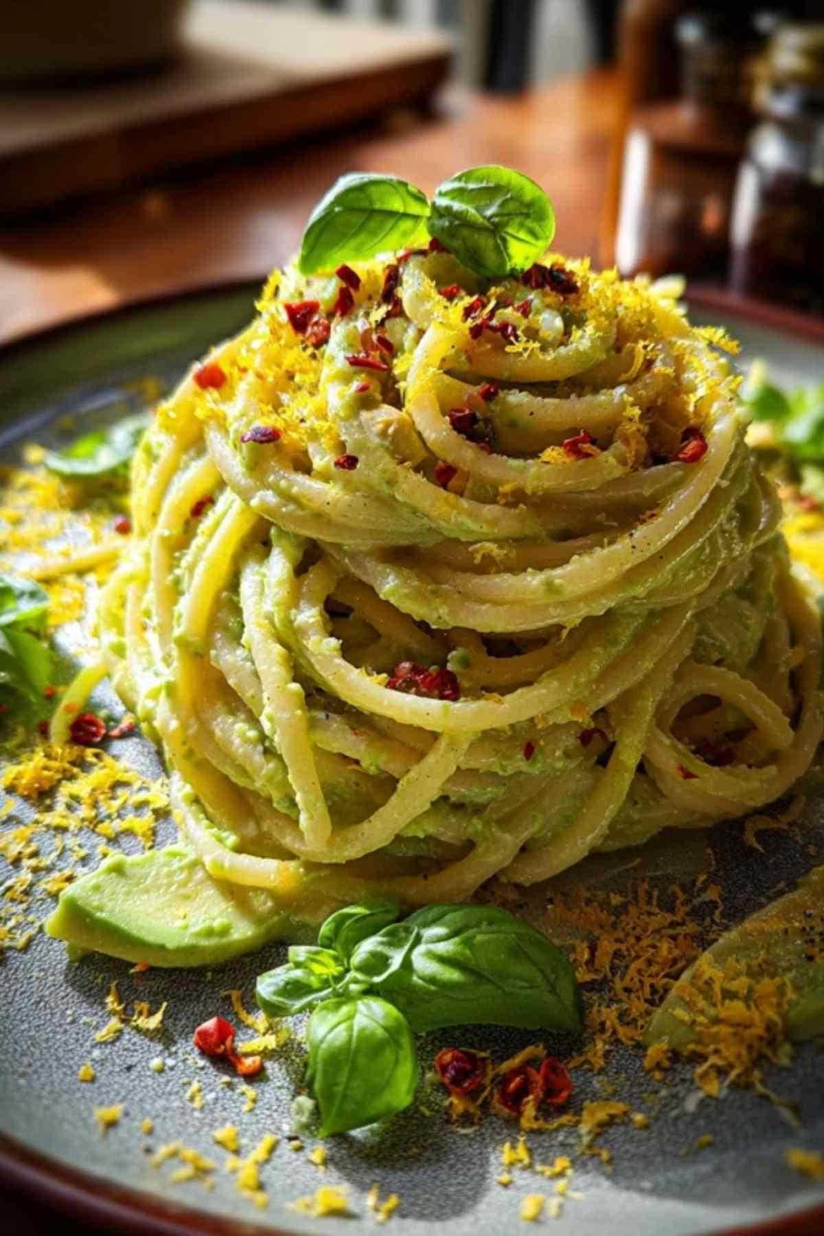 Frische Zutaten für Avocado Pasta: Avocados, Basilikum, Zitrone