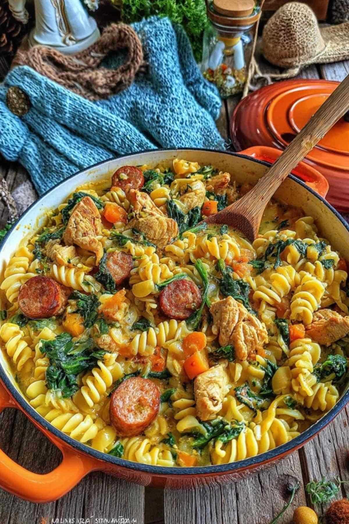 Cremiger One Pot Nudel Eintopf mit Hähnchen Speck und Gemüse im großen Topf Titel: Perfekter One Pot Nudel Eintopf bereit zum Servieren