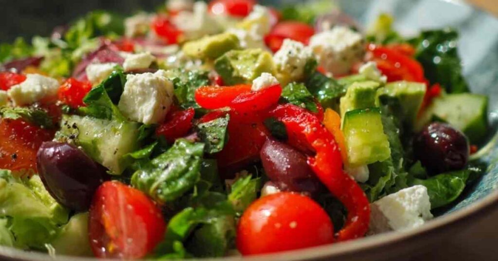 Een grote witte kom gevuld met een kleurrijke gehakte salade met feta, tomaat, komkommer en avocado.