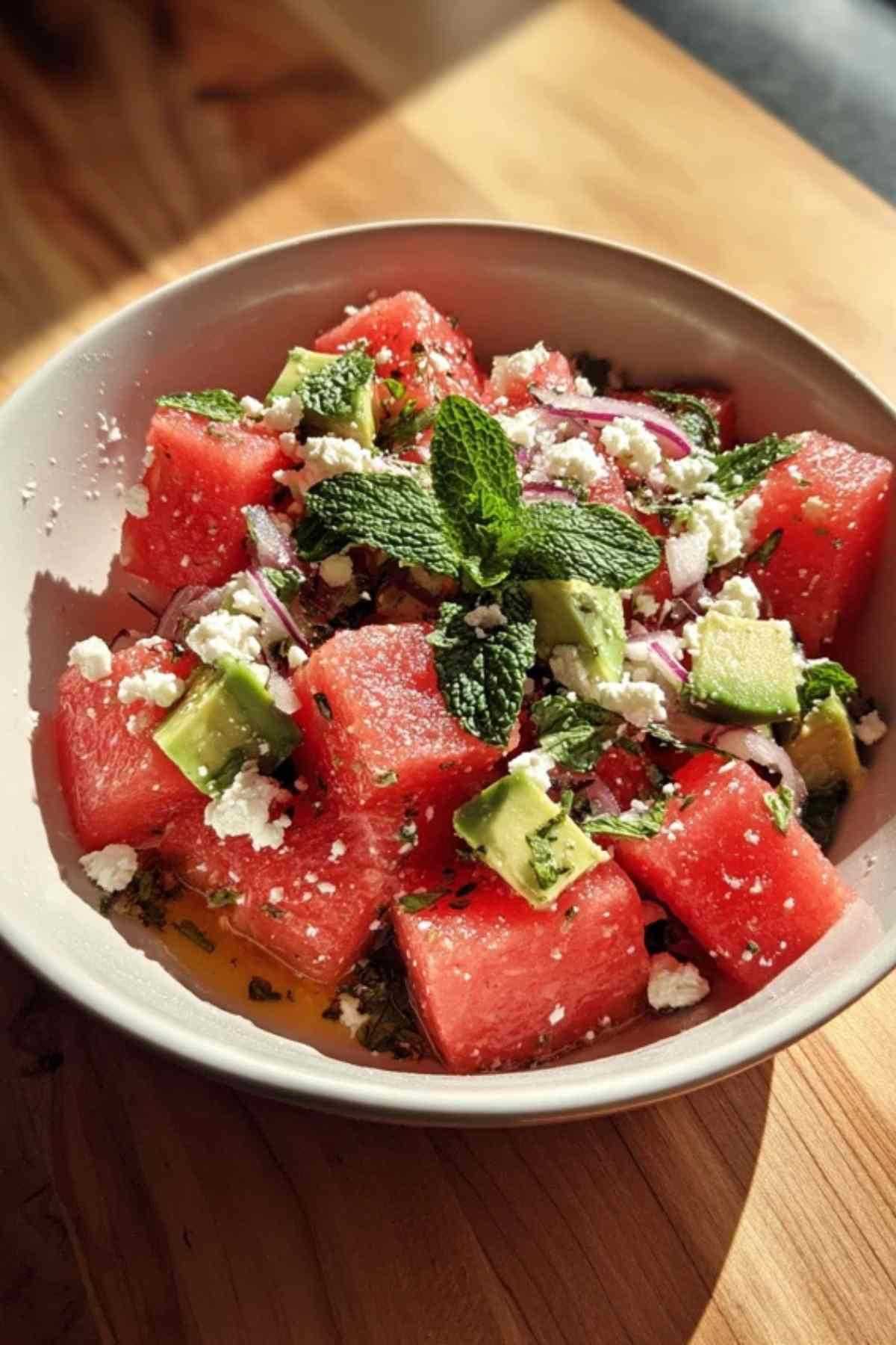 Verse ingrediënten voor een gelaagde salade, waaronder gesneden komkommer, paprika, tomaat en feta.
