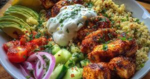 Gesunde Kebab Bowl mit Hähnchen Quinoa und Gemüse