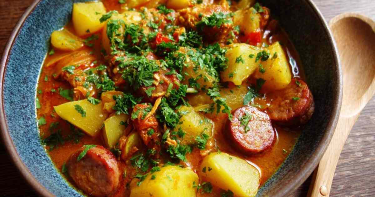 Dampfende Schüssel Kartoffelgulasch mit Würstchen und Petersilie