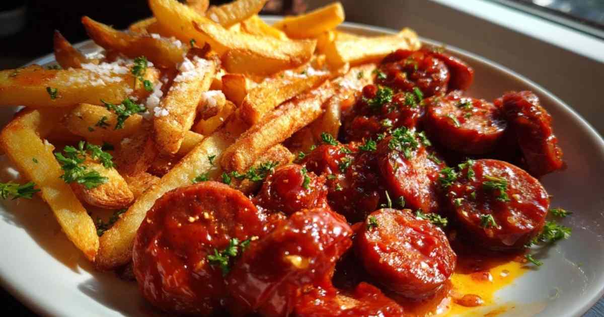 Een bord met huisgemaakte curryworst in plakjes, overgoten met een rijke rode saus en bestrooid met currypoeder, geserveerd naast een portie goudbruine frietjes.