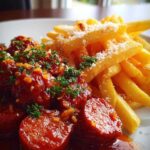 Close-up van een pan waarin plakjes worst sudderen in een dieprode, borrelende currysaus.