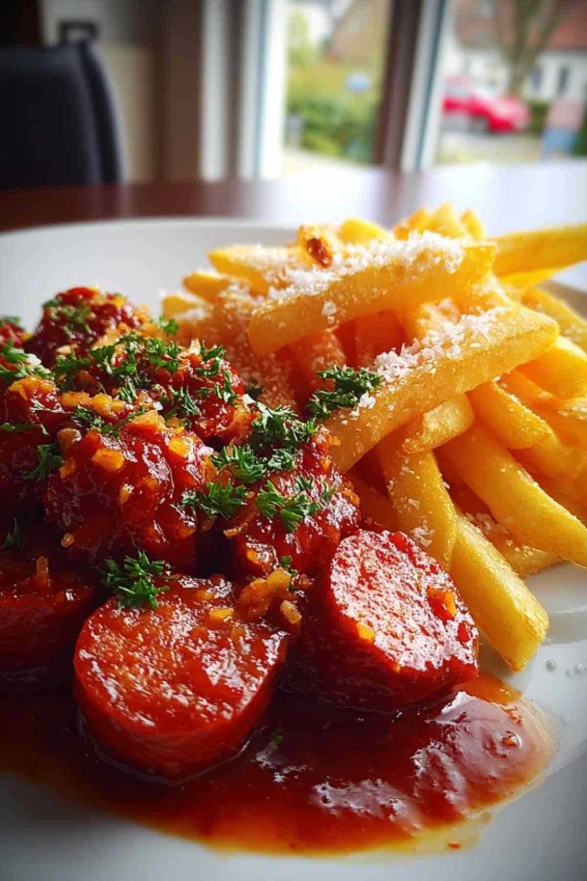 Close-up van een pan waarin plakjes worst sudderen in een dieprode, borrelende currysaus.