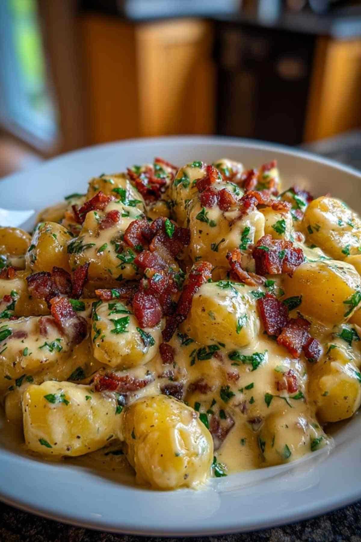 Kartoffeln alla Carbonara in cremiger Sauce auf weißem Teller