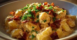 Zutaten für Kartoffeln alla Carbonara auf Holzbrett arrangiert