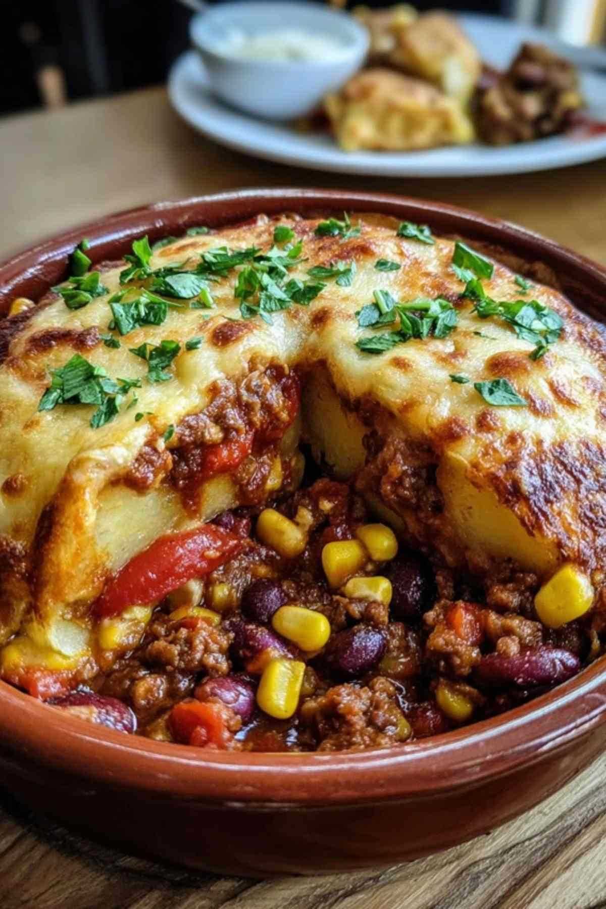Portion mexikanischer Kartoffelauflauf auf Teller