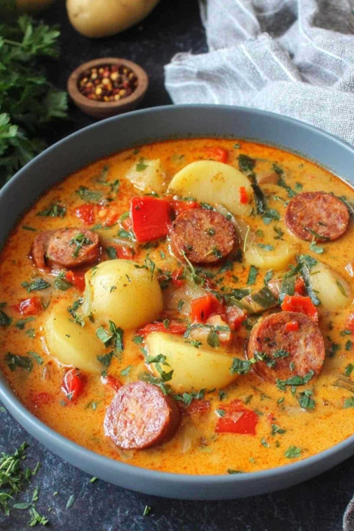 Alle Zutaten für Kartoffelgulasch mit Würstchen arrangiert auf Arbeitsfläche