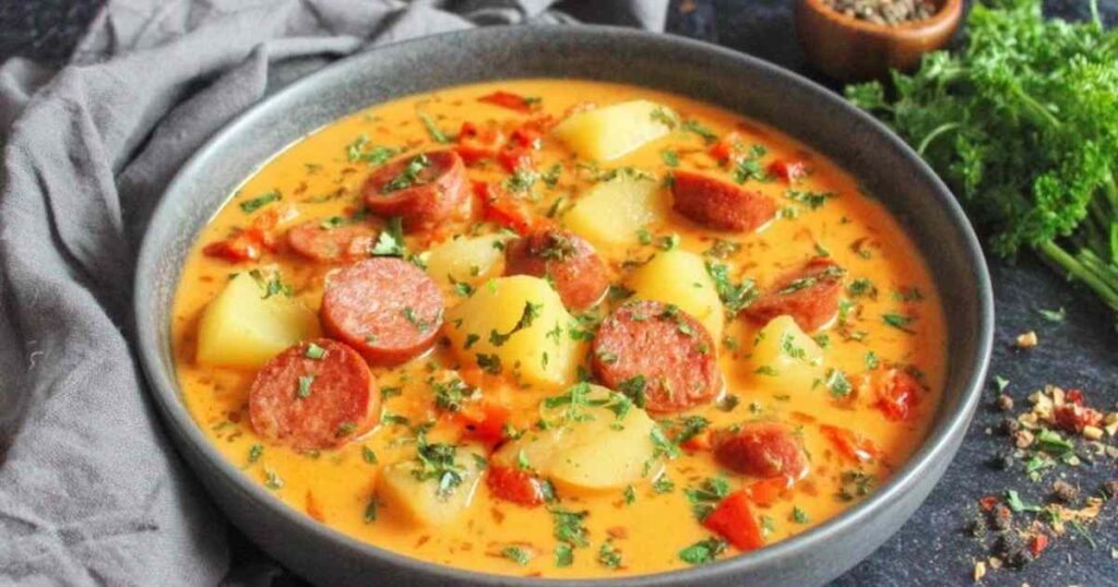 Kartoffelgulasch mit Würstchen in weißer Schüssel mit Petersilie garniert