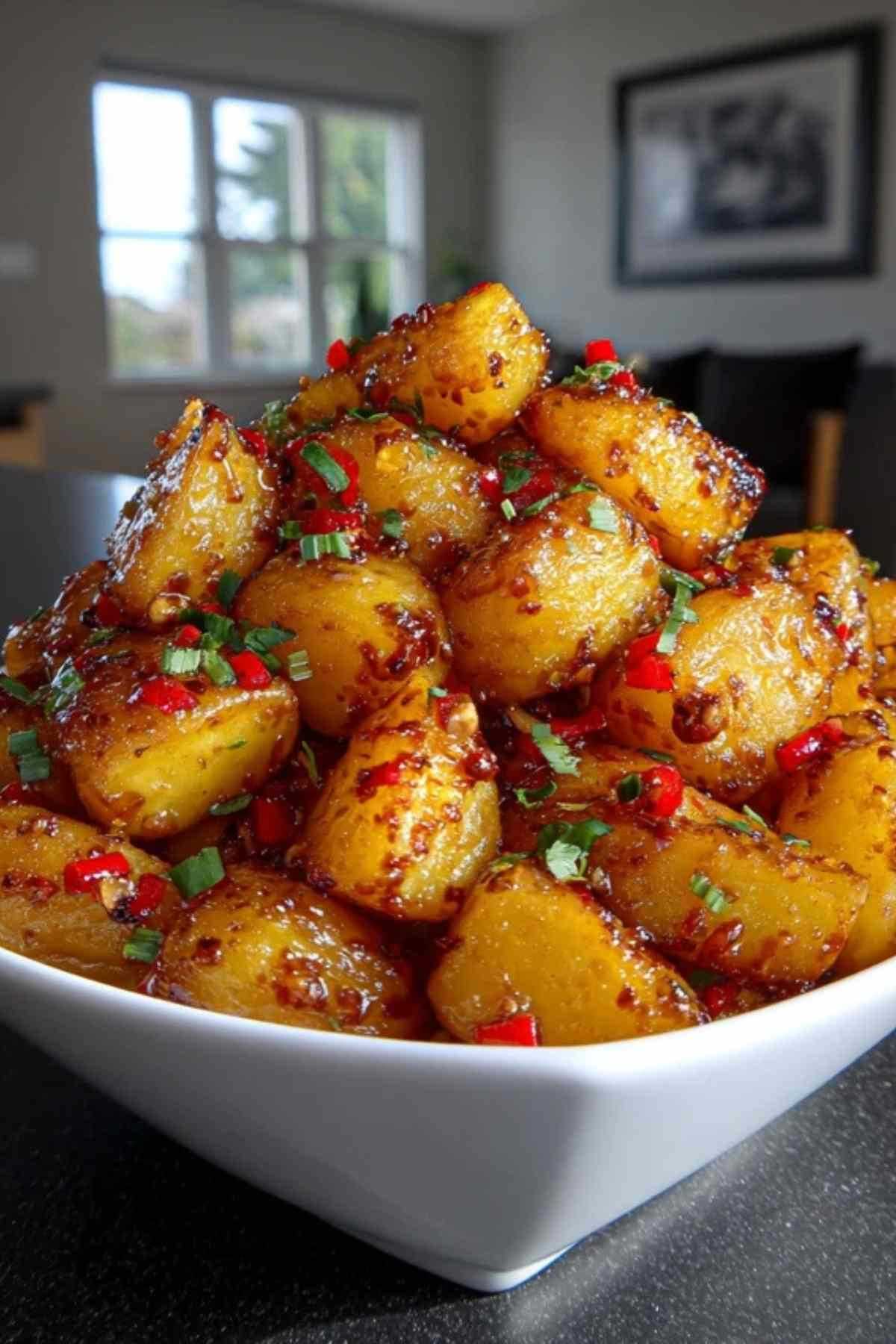 Kartoffeln werden mit Honig-Chili-Sauce vermischt