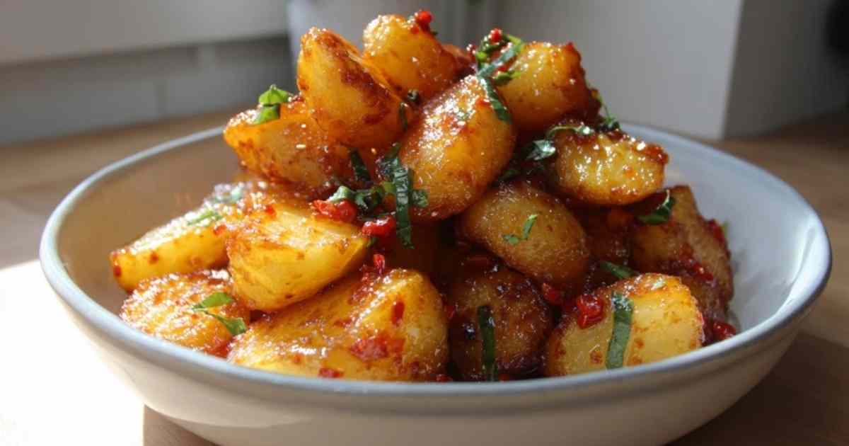 Knusprige Honig Chili Kartoffeln in Schüssel mit Glasur
