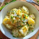 Ein Teller mit deutschem Kartoffelsalat, serviert mit Bratwurst.