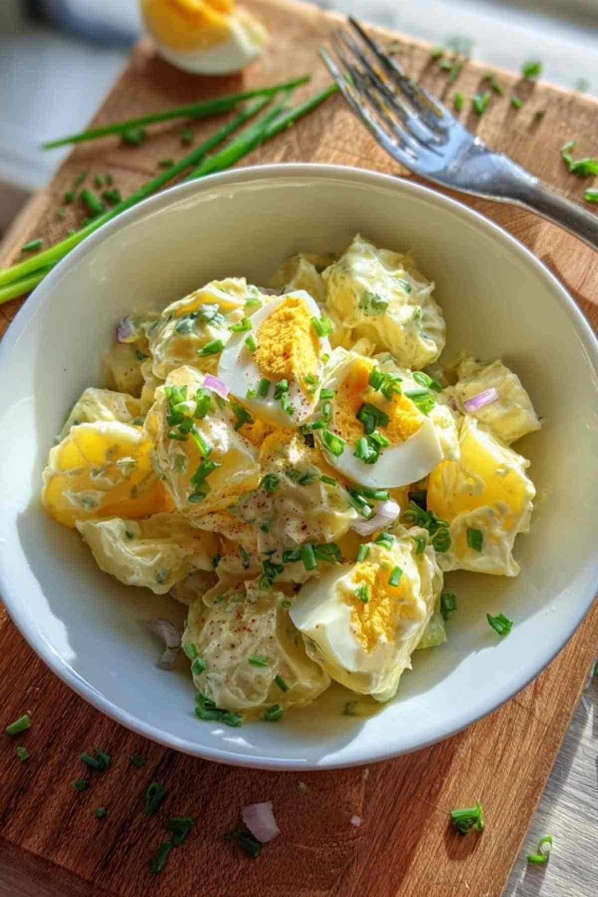 Ein Teller mit deutschem Kartoffelsalat, serviert mit Bratwurst.