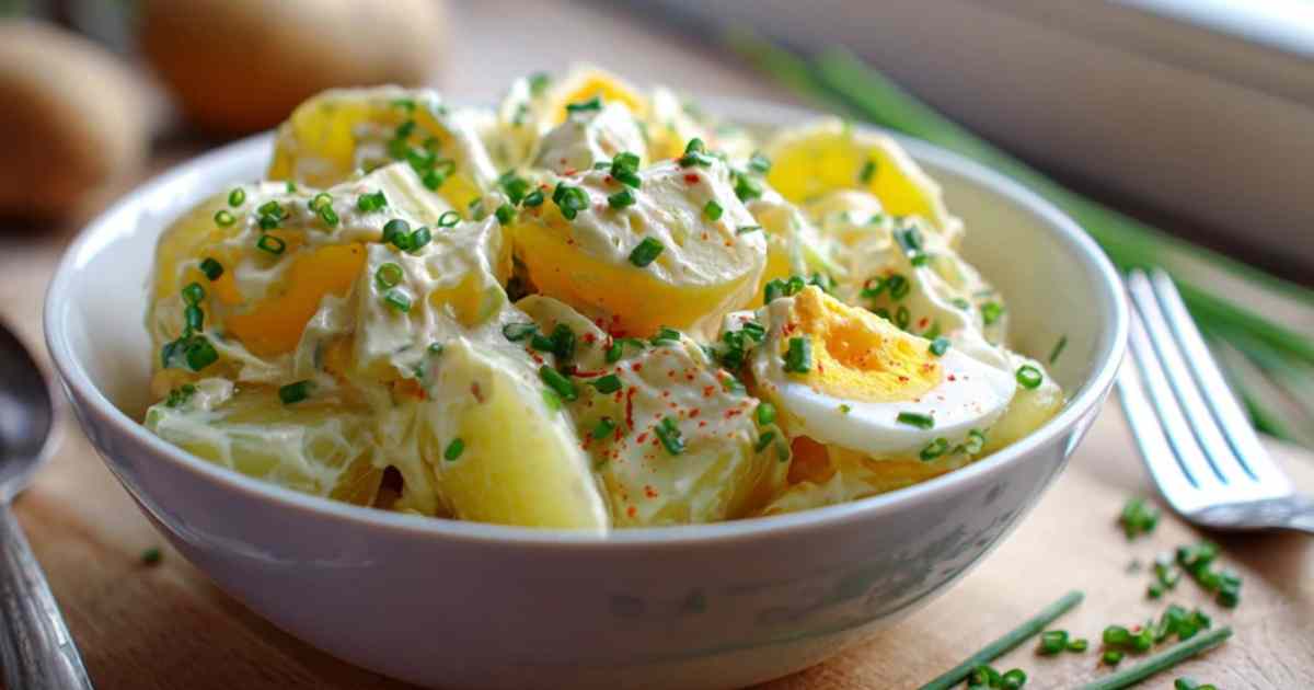 Zutaten für die Zubereitung eines deutschen Kartoffelsalats. Bildtitel: Frische Zutaten für Kartoffelsalat