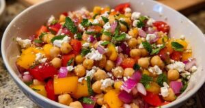 Een close-up van de afgewerkte kikkererwtensalade, waarin de kleurrijke blokjes paprika, de verkruimelde feta en de verse muntblaadjes goed zichtbaar zijn.