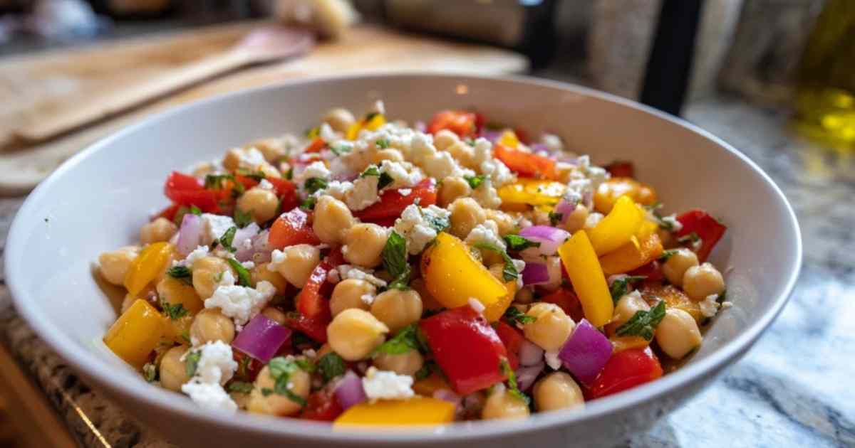 Een portie kikkererwtensalade op een bord, klaar om gegeten te worden.