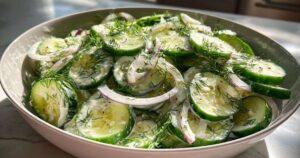 Klassieke komkommersalade in een witte porseleinen schaal, gegarneerd met verse dille.