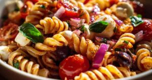 Een grote witte kom gevuld met pastasalade met pesto rosso, mozzarella, kerstomaten en zwarte olijven, gegarneerd met verse basilicum.