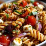 Close-up van de fusilli pasta bedekt met pesto rosso, met een stukje mozzarella en een gehalveerde kerstomaat.