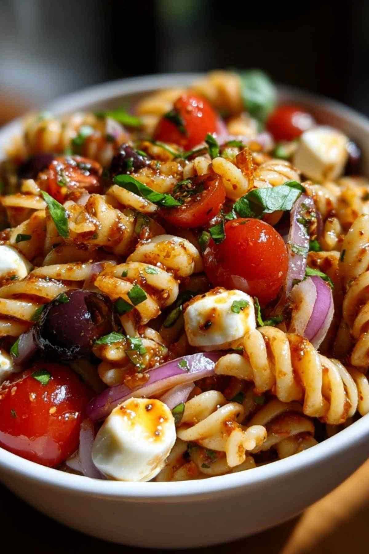 Close-up van de fusilli pasta bedekt met pesto rosso, met een stukje mozzarella en een gehalveerde kerstomaat.