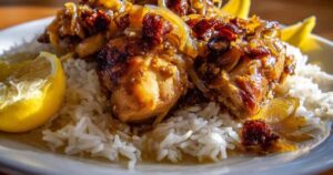 Rauwe kippendijen in een glazen kom, marinerend met citroen en uienringen voor Poulet Yassa