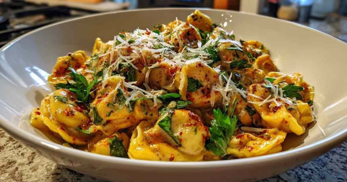 Romige tortellini pan met gehakt en peterselie