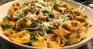 Lepel met romige tortellini en gehakt